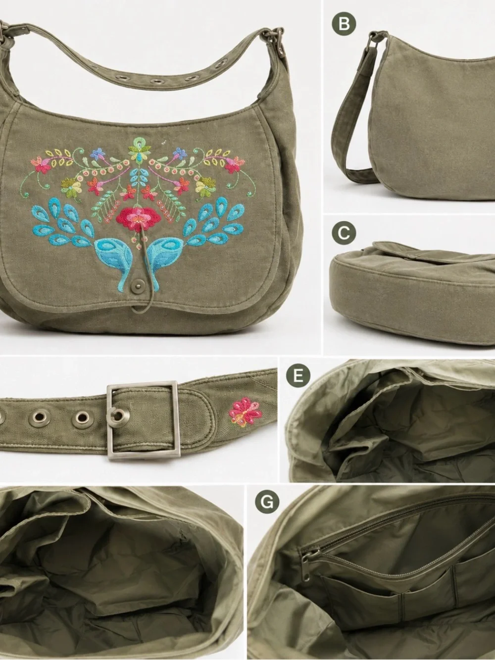Serena & Lily Olive Green Embroidered Shoulder Bag with Blue Accents